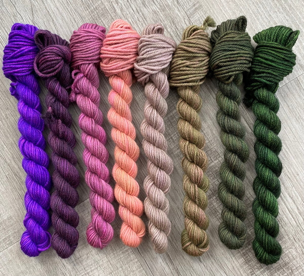 Purple to Moss Green Color Test Mini Skein Set