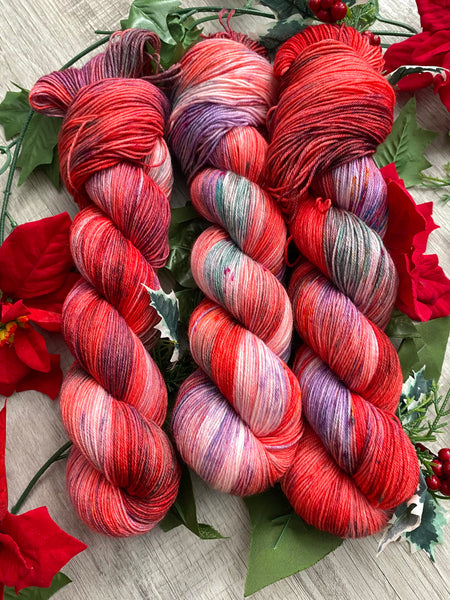 “Poinsettia” SAMPLE SKEINS Fingering 75% Merino Wool 25% Nylon Hand Dyed Yarn