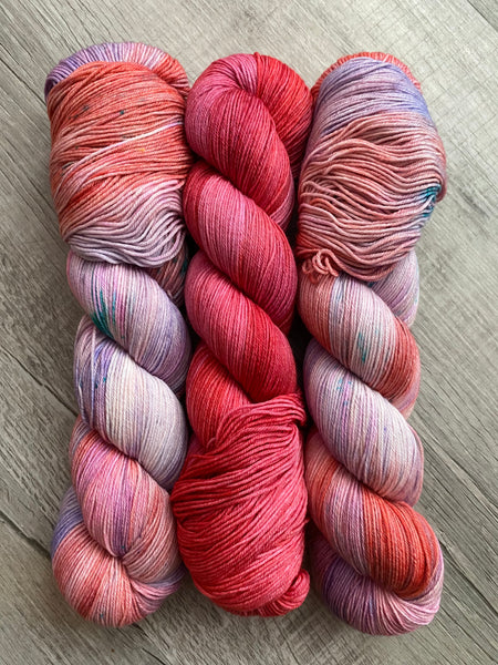 Pink, Coral and Purple 3 Skein Fingering Matching Set