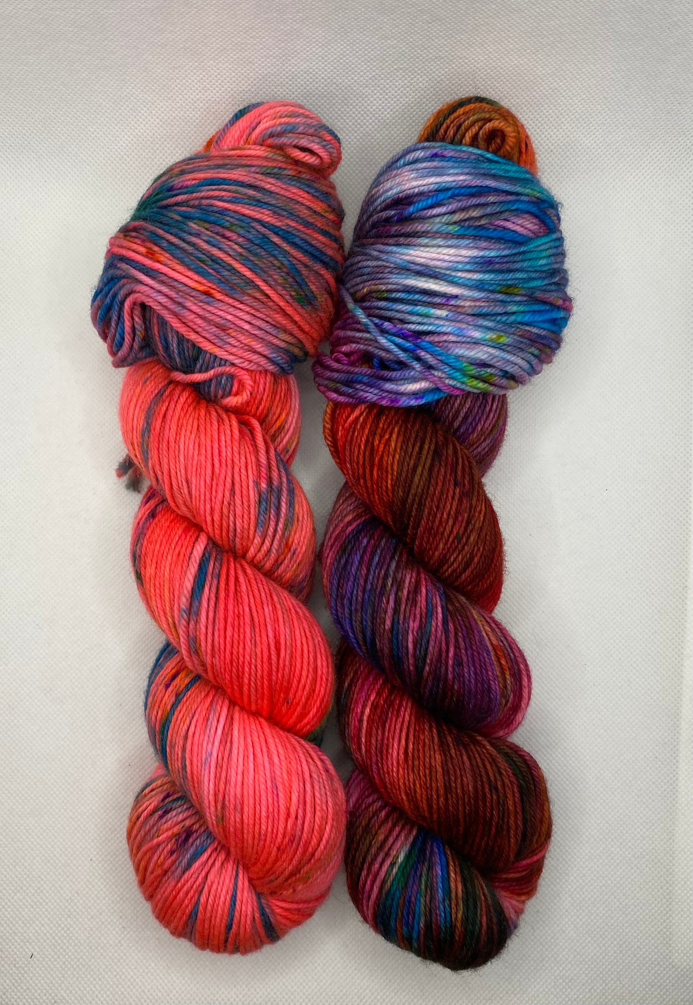 2 Skein Matching Set: DK “Neon Red and Maroon Variegated” Hand Dyed Yarn