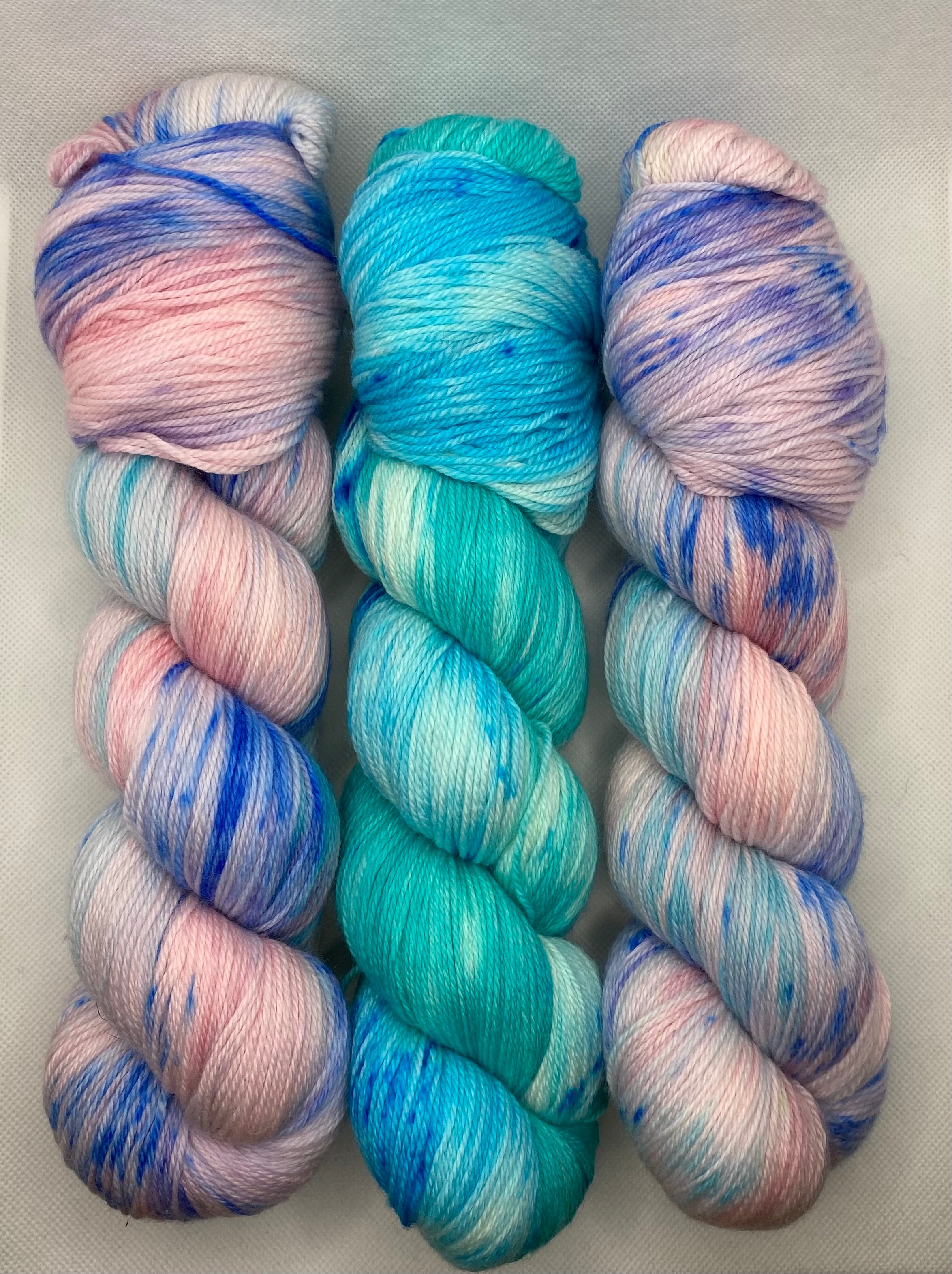 3 Skein Matching Set: Fingering “”Pinks and Blues” 2-ply Hand Dyed Yarn