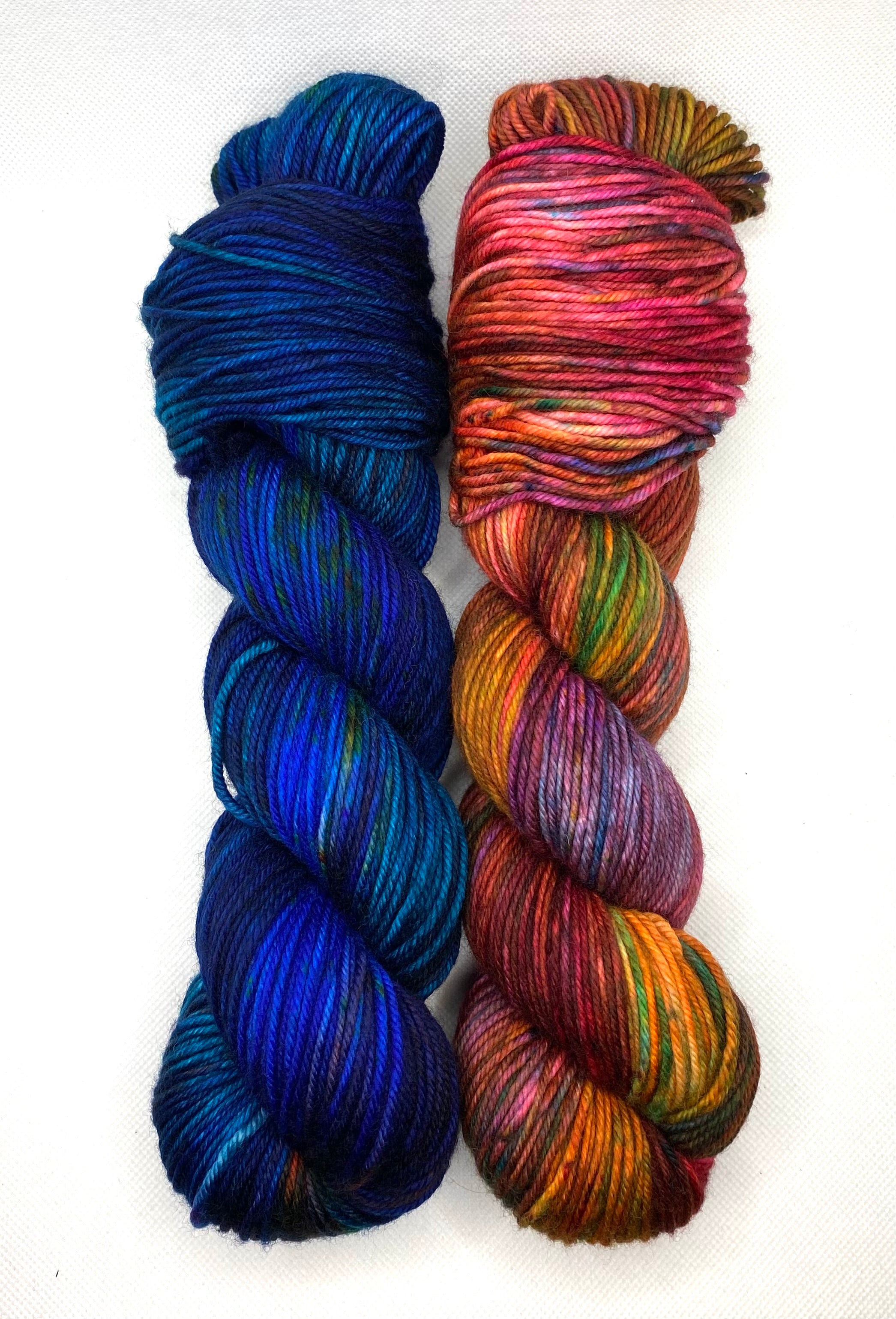 2 Skein Matching Set: DK, Deep Blue and Maroon Variegated Hand Dyed Yarn