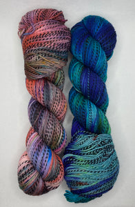 2 Skein Matching Set, Zebra Fingering: “Maroon Multicolor” and “Tonal Teal” Hand Dyed Yarn
