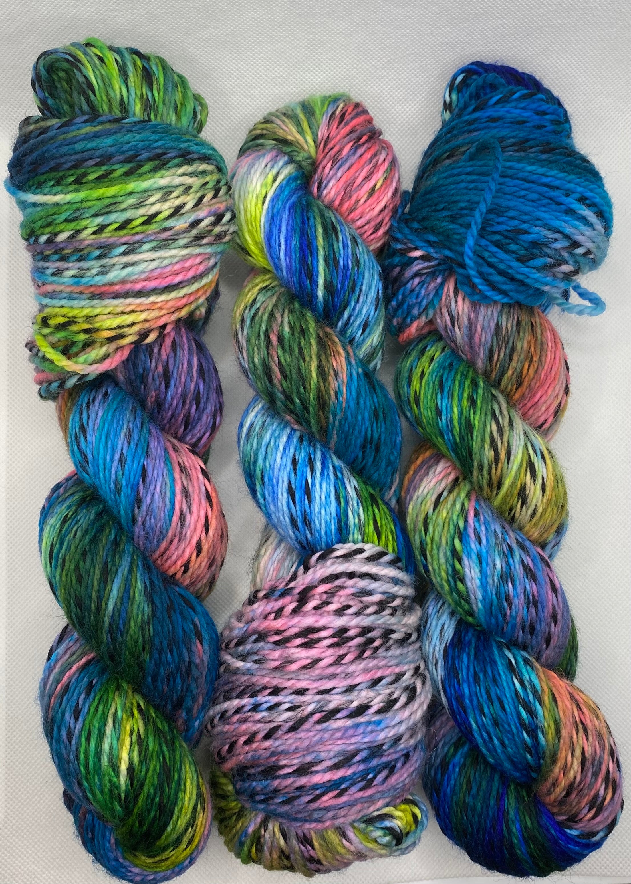 “Blue, Pink and Green” One-Of-a-Kind Zebra DK Hand Dyed Yarn