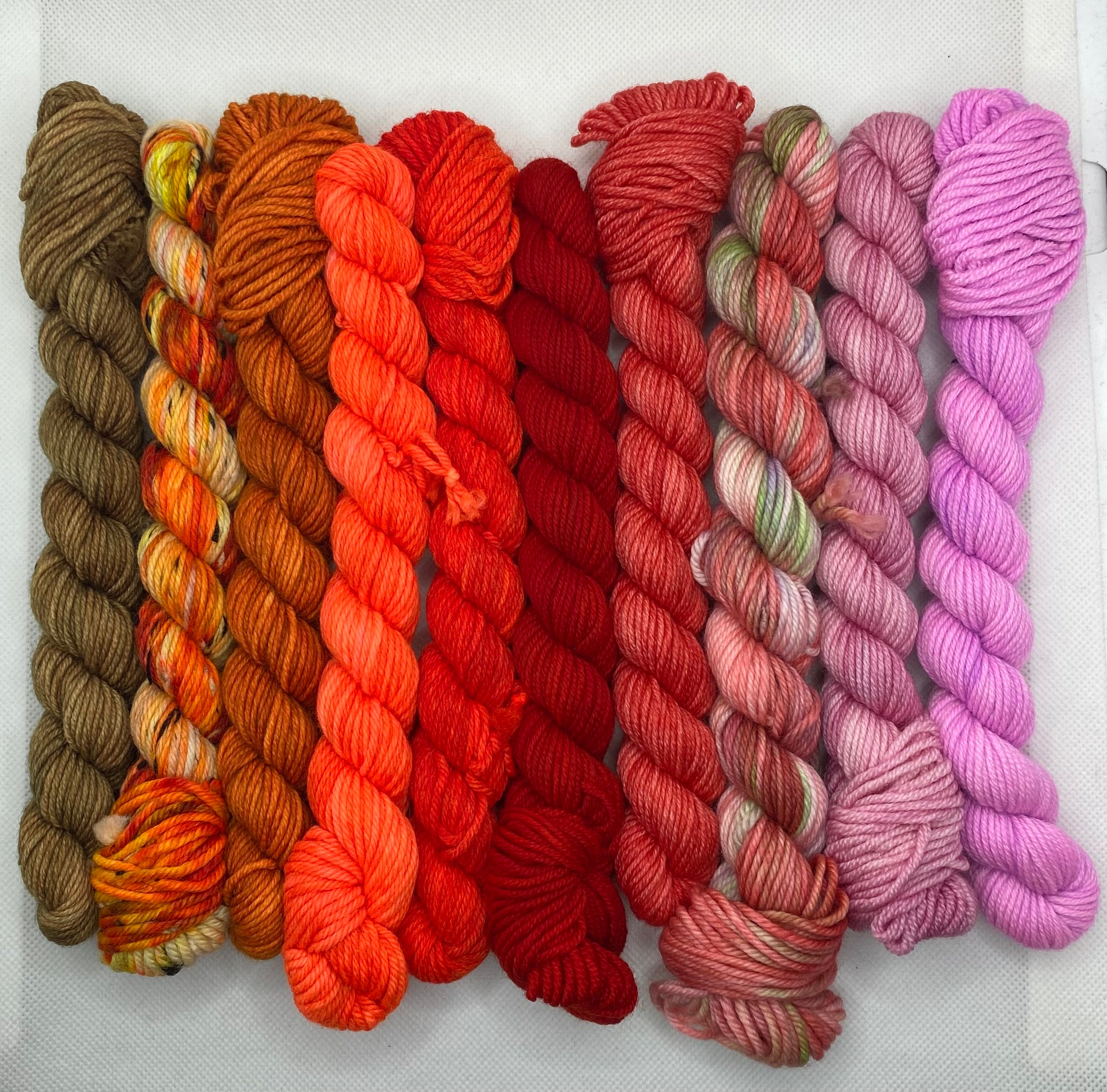 “Browns, Oranges, Reds and Pinks” DK Mini Skein Set of Hand Dyed Yarn