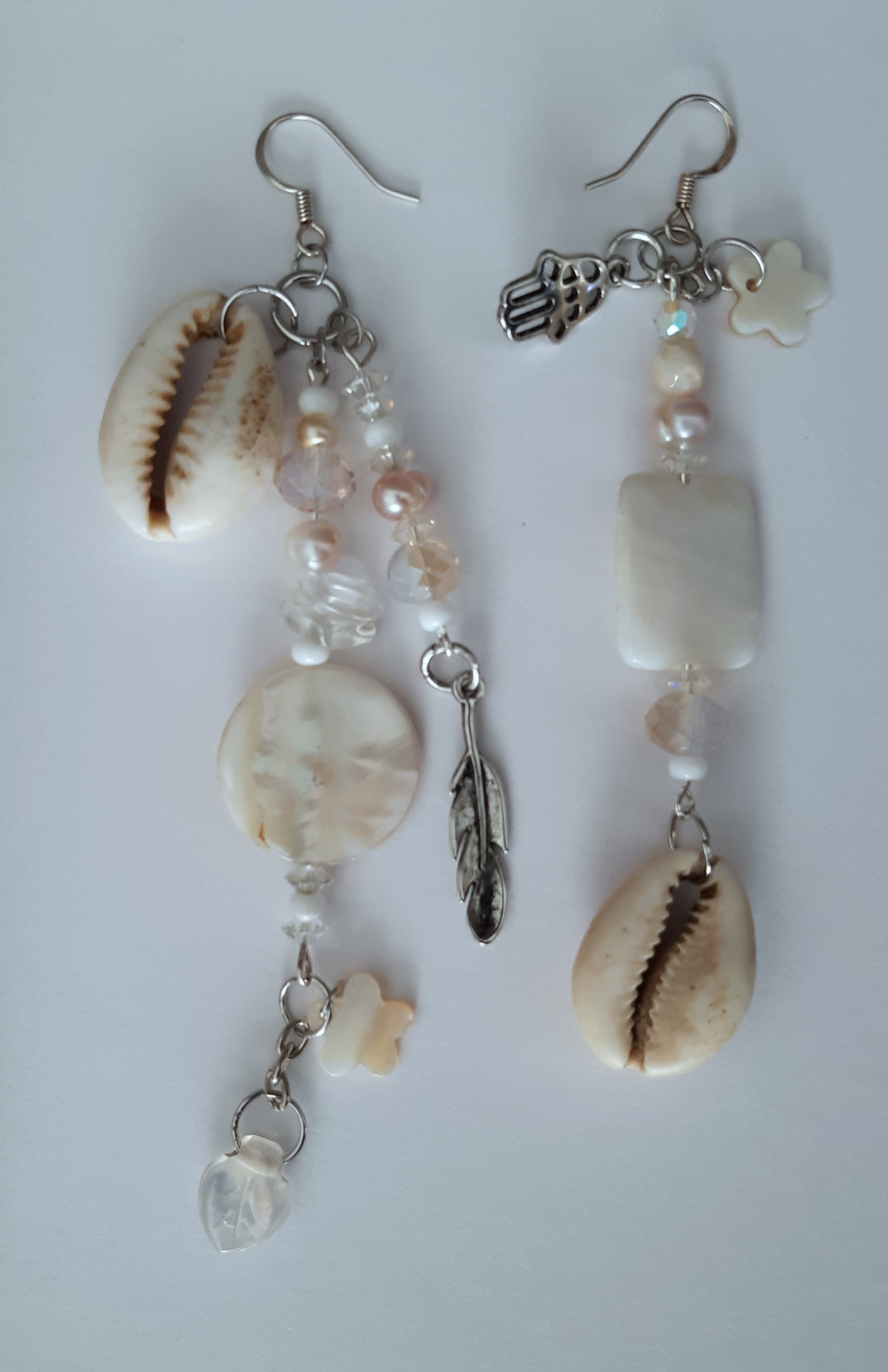 Cowrie and Pearl Mismatched Handmade Earrings