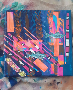 "Blue and Pink Lines" Paper Collage on Canvas