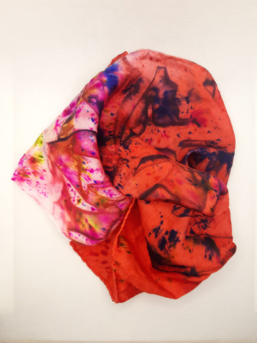 Scarlet and Blue Marbled Hand Dyed Silk Scarf
